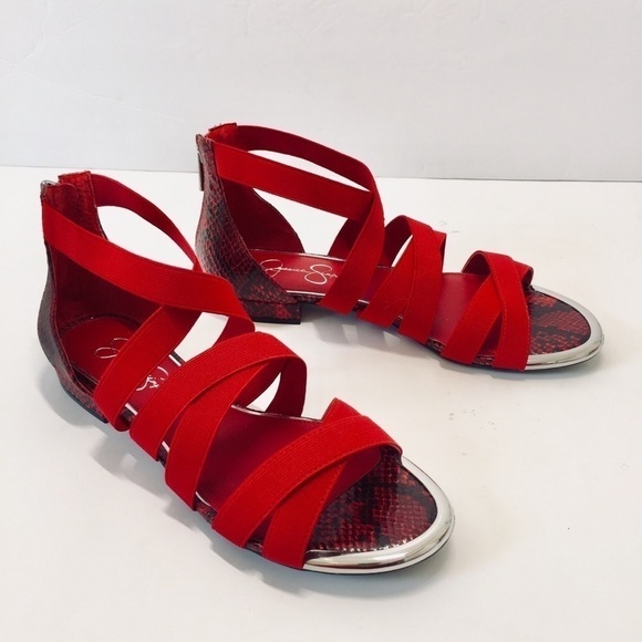 Jessica Simpson Red Stretchy Strappy Flat Sandals - Picture 1 of 16